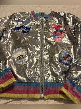 Silver Metallic Bomber Jacket with Rainbow Trim Trolls